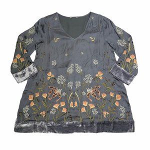 Sundance Catalog Embroidered Floral Tunic Top Silky Boho Velvet Trim XL NewTgCut
